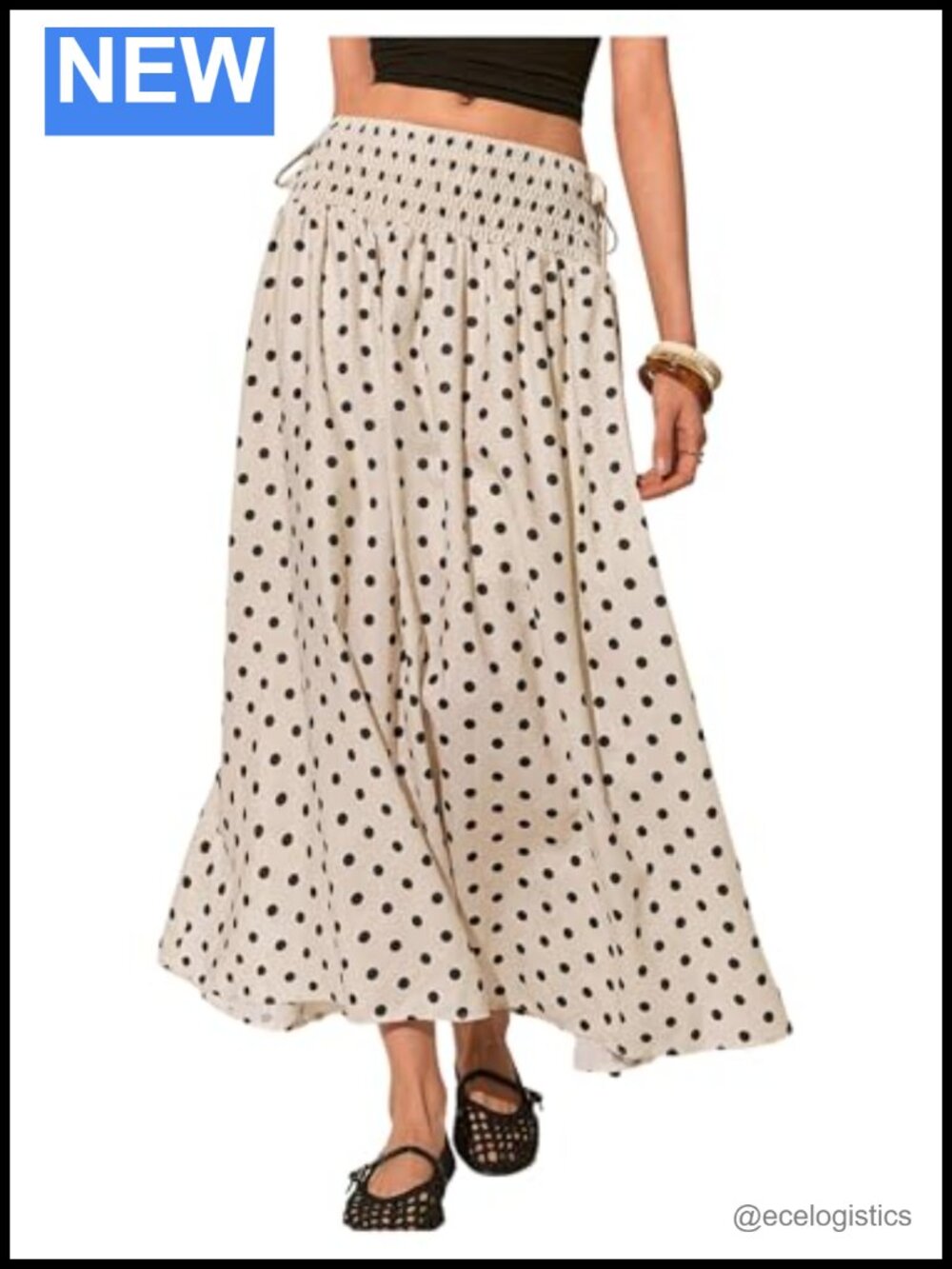 Milumia Polka Dot Maxi Skirt Ruffled Hem Smocked A-Line Long Flowy